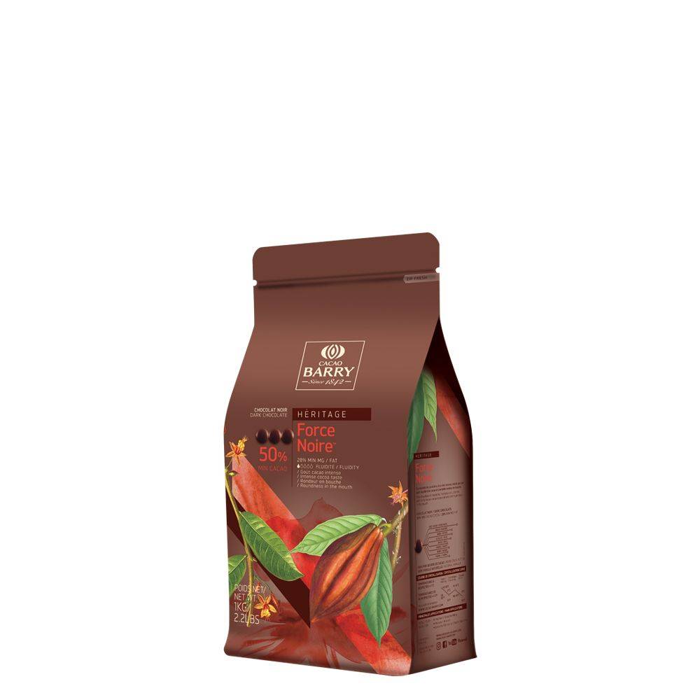 Sac de pistoles Cacao Barry Force Noire 50 %, chocolat noir pour mousses et sauces.