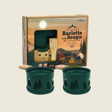 Raclette à la bougie Cookut : coffret 2 personnes sans électricité, avec bougies incluses. Design, nomade et idéal en cadeau ou en usage nomade.