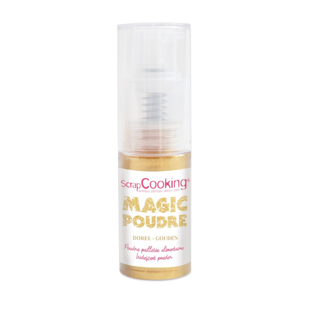spray or Spray Magic poudre alimentaire dorée ScrapCooking 7 g, pailleté or.