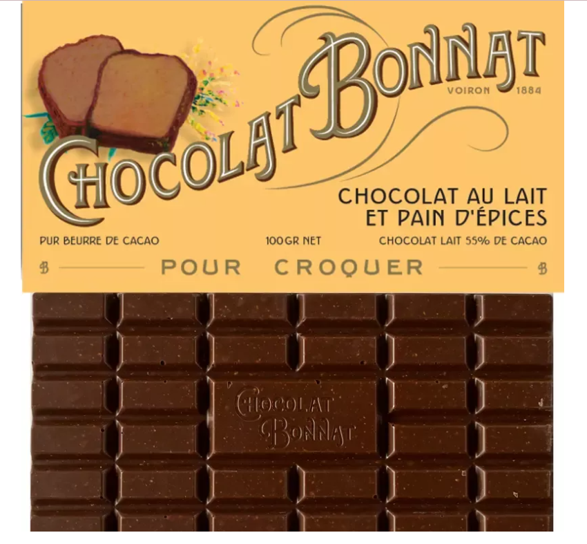 Tablette de chocolat au lait et pain d'épices 55% BONNAT Tablette de chocolat au lait et pain d'épices 55% BONNAT