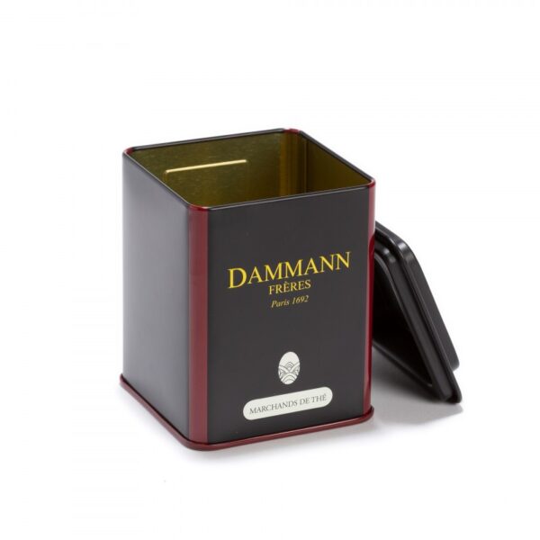 Boîte vide en métal laqué Dammann Frères, idéale pour la conservation du thé en vrac, avec fermeture hermétique.