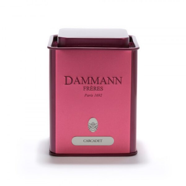 Boîte métallique vide "Carcadet" de Dammann Frères, couvercle hermétique, format 100 g, finition rosée décorative.