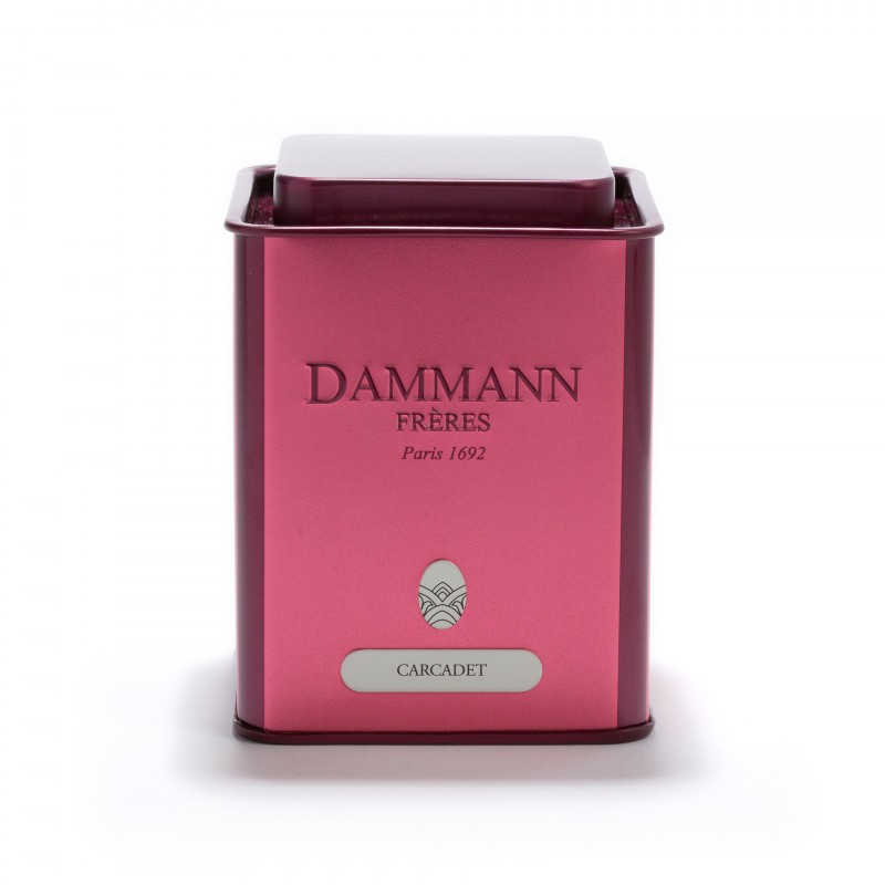 Boîte métallique vide "Carcadet" de Dammann Frères, couvercle hermétique, format 100 g, finition rosée décorative.