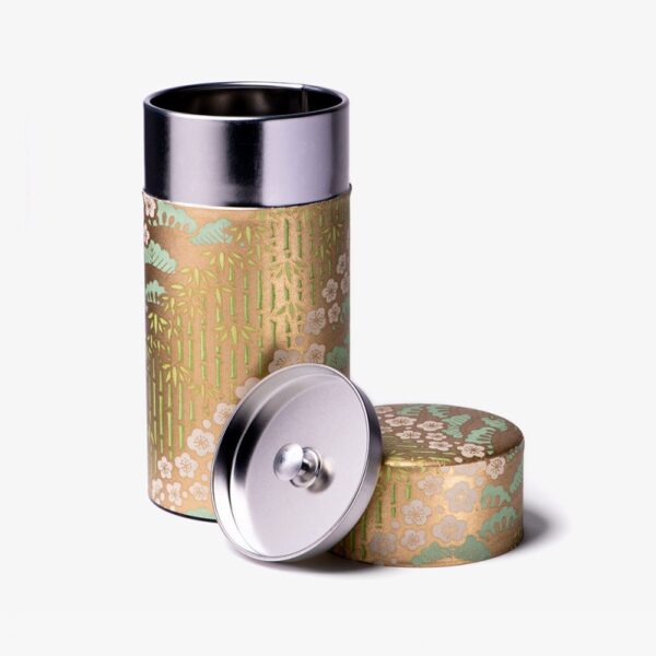 Boîte à thé Sakura Dammann Frères en papier washi or, décorée de fleurs de cerisier, capacité 150 g, double couvercle pour conservation optimale.