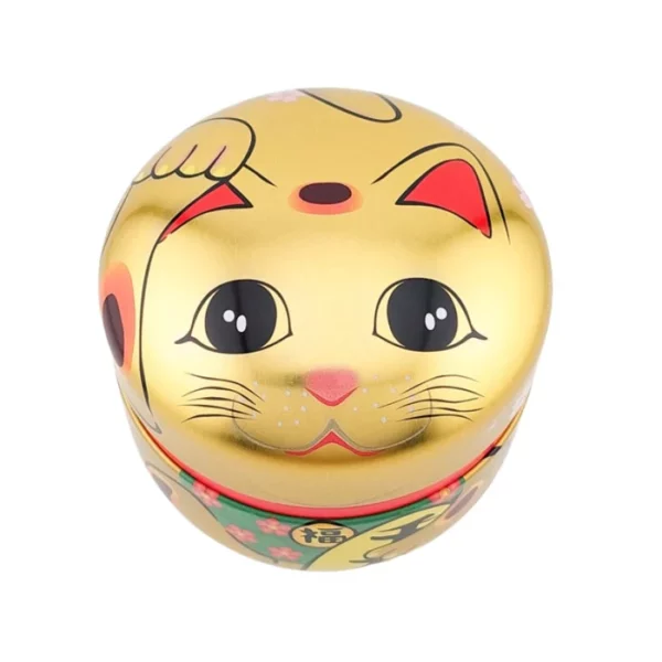 Boîte à thé métallique japonaise dorée avec motif Maneki Neko, chat porte-bonheur, hermétique et décorative, idéale pour conserver le thé en vrac.
