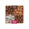 Coffret gourmand d’assortiment chocolaté : perles caramel, feuilletine, noisettes gianduja et amandes cacao, pour un plaisir croquant et fondant.