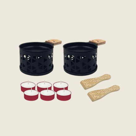Coffret raclette à la bougie Cookut avec 2 appareils, spatules en bois et bougies chauffe-plat, pour raclette sans électricité