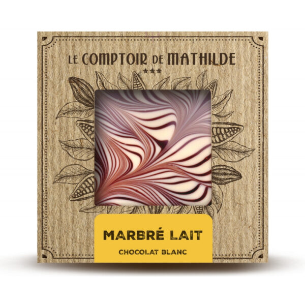 Tablette de chocolat marbré blanc et lait, parfaite pour les indécis, gourmande et fondante pour un plaisir chocolaté unique.