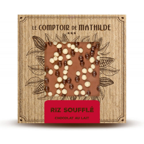 Tablette de chocolat au lait parsemée de riz soufflé croquant, pour un mélange fondant et gourmand à savourer à tout moment.