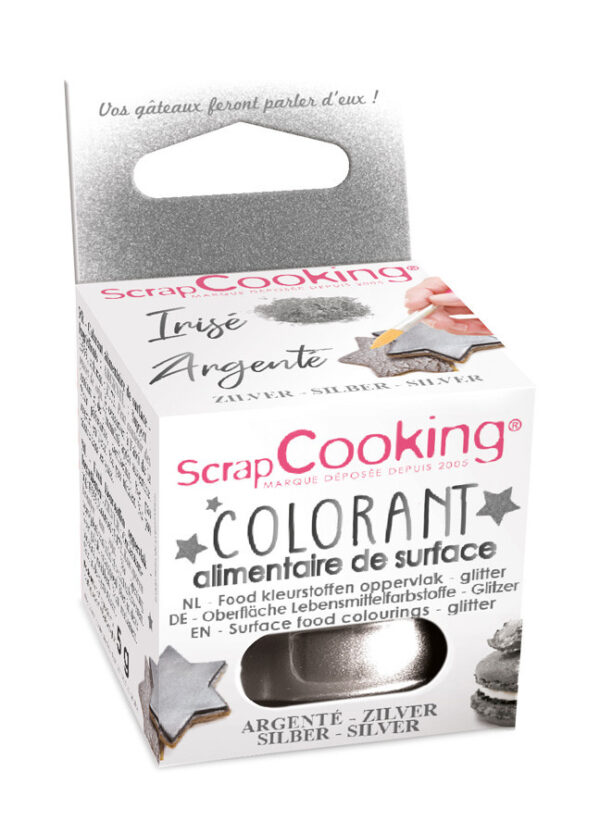 Pot de colorant de surface argenté ScrpaCooking 5 g, poudre métallique pour décoration sucrée.