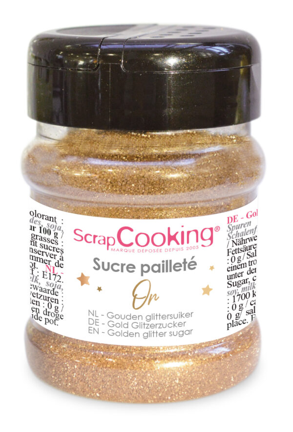 Pot de sucre pailleté doré ScrapCooking 160 g pour décoration pâtisserie.