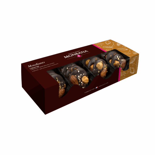 Coffret Monbana « duo de mendiants chocolat noir » — assortiment de mendiants chocolat noir décorés de fruits secs caramélisés et pistaches, présenté sur fond clair.