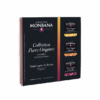 Coffret Monbana 18 Napos Collection Pures Origines — boîte ouverte montrant 18 carrés de chocolat noir