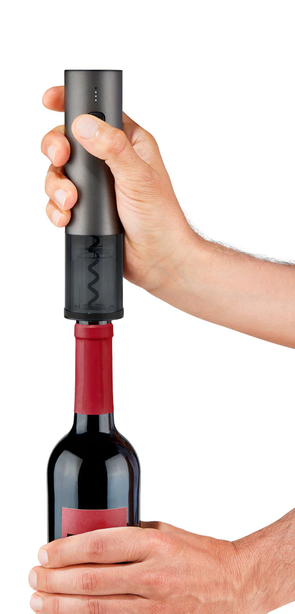 Tire-bouchon électrique Arcos avec finition métallique gris foncé, LED bleues, recharge USB-C et coupe-capsule en aluminium, design ergonomique et moderne.