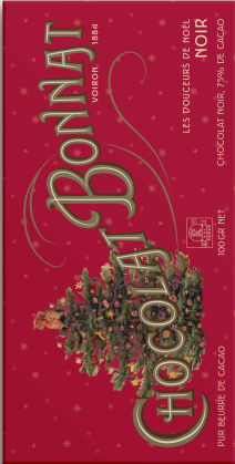 Découvrez la tablette Bonnat “Douceurs de Noël” : un chocolat noir d’exception aux cacaos rares du monde, aux arômes riches et festifs.