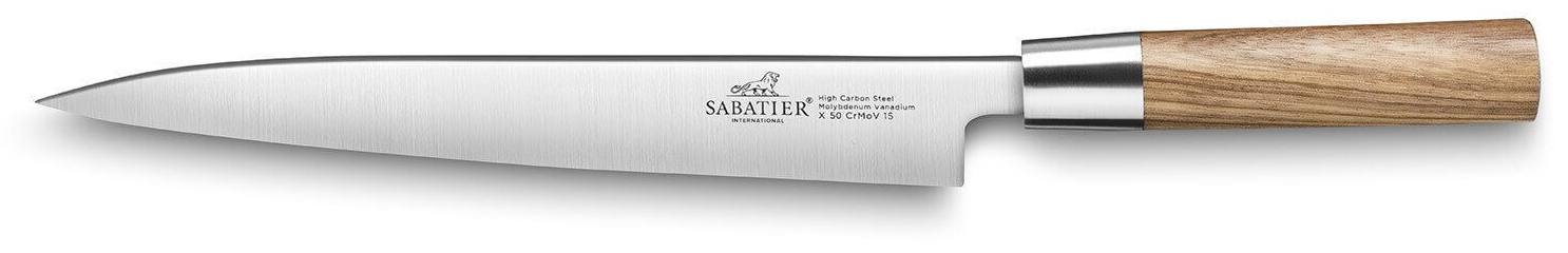 Malette Sabatier International contenant 3 couteaux de cuisine style japonais avec manches en bois Zebrano et lames en acier inoxydable X50CrMoV15.