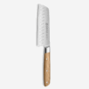 Couteau Mini-Santoku 13 cm SIGNATURE 32 Dumas avec lame alvéolée en acier 4116N et manche en chêne vert, livré avec protège-lame en cuir végétal.