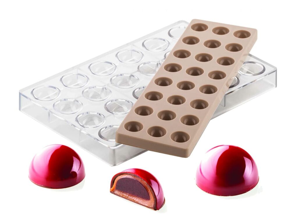 moule-chocolat-demi-sphere-insert Kit Silikomart Semisfera 01 – double moule demi-sphères en Tritan et silicone, 24 cavités.