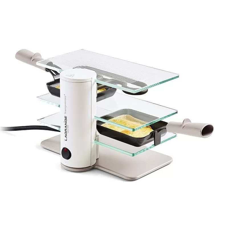 raclette-transparence-mineral-2-personnes-lagrange Appareil à raclette Transparence 2 personnes Lagrange sur table – design en verre trempé et poêlons noirs