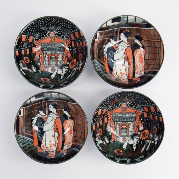 Coffret Asakusa 4 pièces Tokyo Design Studio – 4 bols en porcelaine décor Geisha Matsuri 550 ml idéaux pour soupe, riz et nouilles avec style japonais.