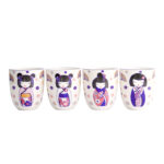 Set de 4 mugs kawaii Maiko Tokyo Design Studio en stoneware 170 ml, design japonais mignon violet et blanc.