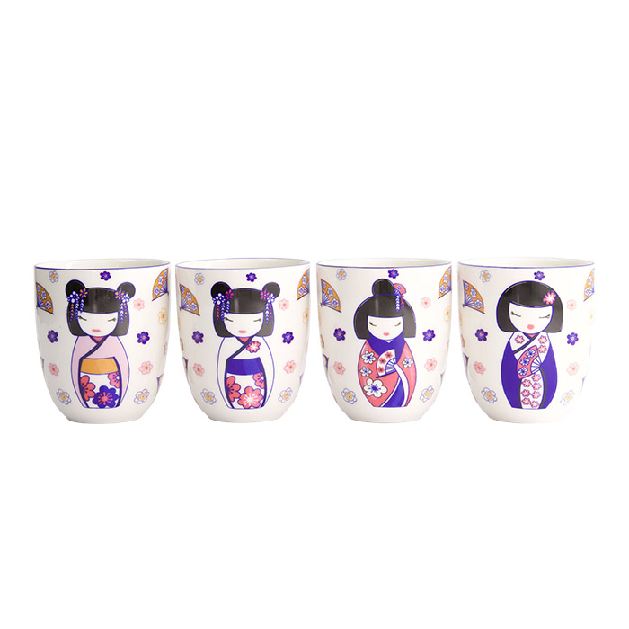 Set de 4 mugs kawaii Maiko Tokyo Design Studio en stoneware 170 ml, design japonais mignon violet et blanc.