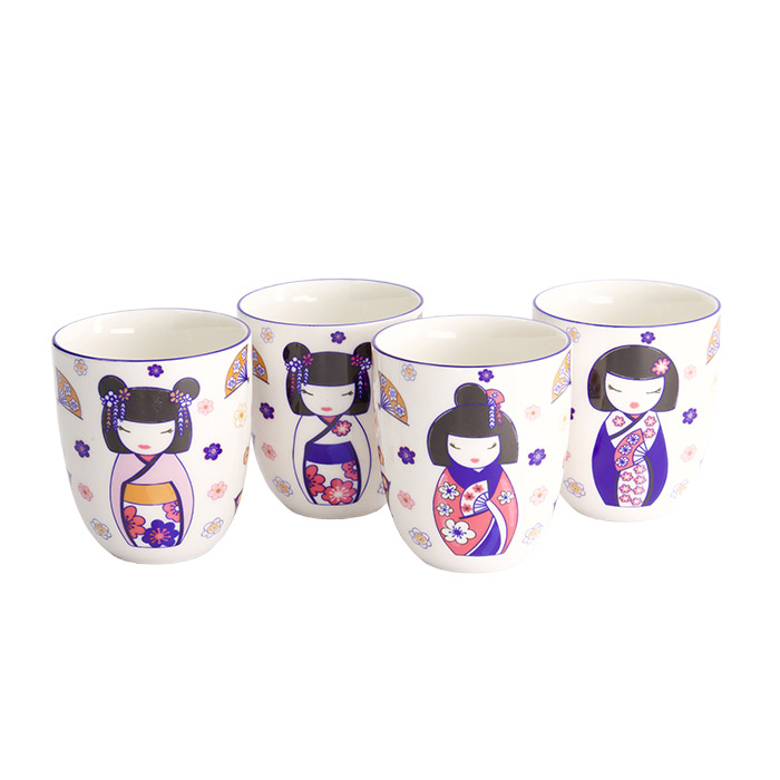 Set de 4 mugs kawaii Maiko Tokyo Design Studio en stoneware 170 ml, design japonais mignon violet et blanc.