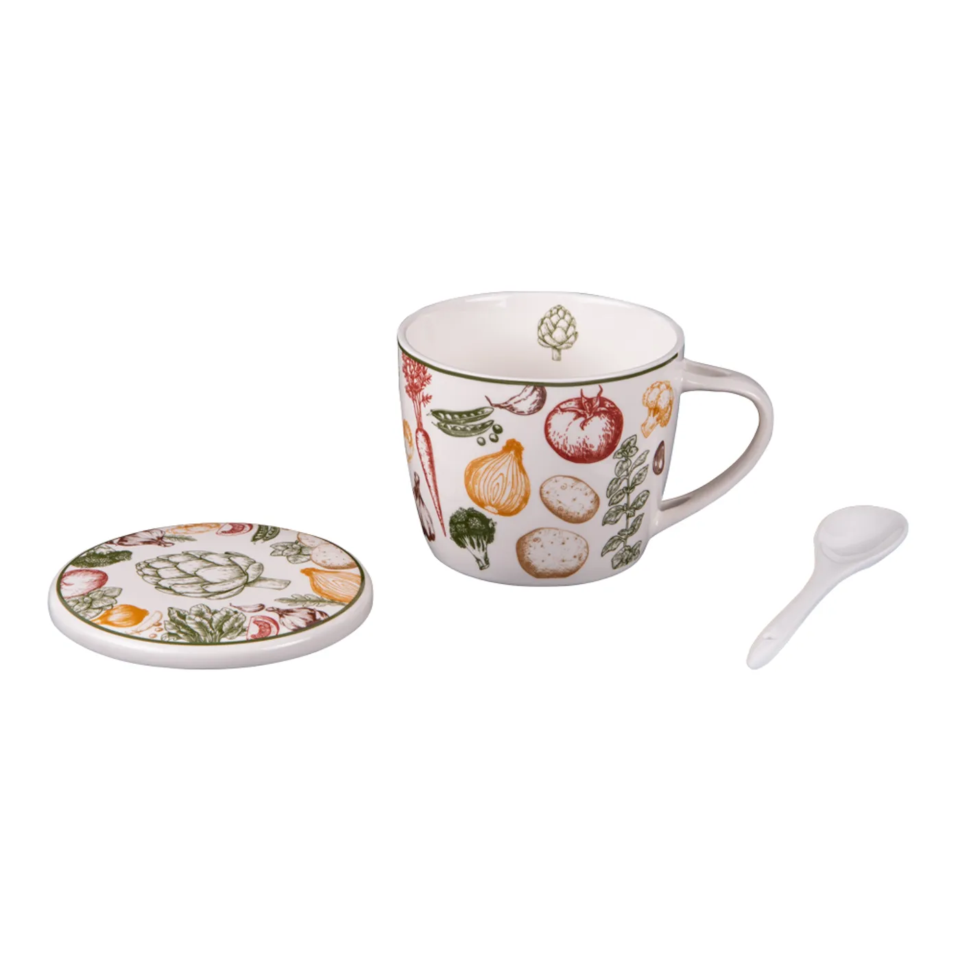 Photo du bol à soupe Antan coloré de Table Passion avec couvercle et cuillère intégrée, porcelaine décorative pour soupe maison.