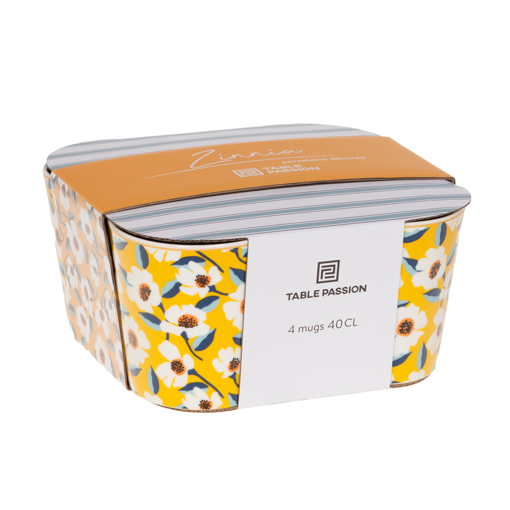 Coffret de 4 mugs Zinia 40 cl Table Passion – mugs en porcelaine blanche à motifs floraux jaunes et blancs pour café, thé ou chocolat chaud.