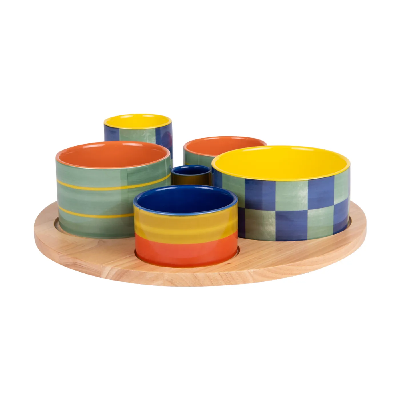 Service apéritif 6 pièces Capri 31 cm Table Passion – plateau rond en porcelaine décorée multicolore avec 6 bols assortis pour apéro convivial.