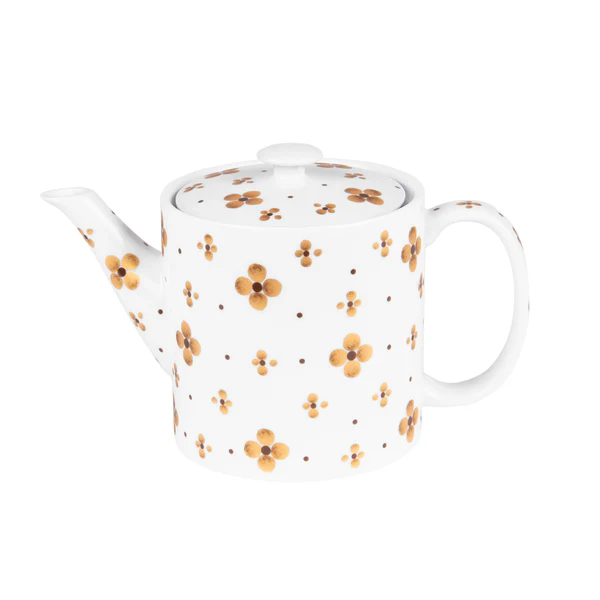 Théière avec filtre Eleor 0,7 L Table Passion – théière en porcelaine décorée de fleurs dorées avec filtre intégré pour infusion optimale.