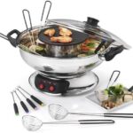 Appareil à fondue asiatique Kitchen Chef inox 1950 W avec paniers et fourchettes, idéal pour fondue chinoise et hot pot convivial.
