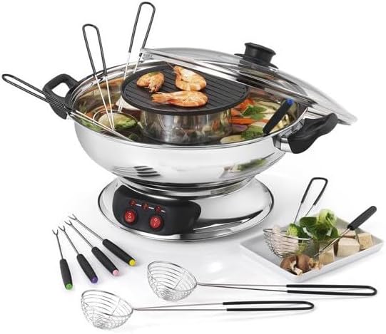 Appareil à fondue asiatique Kitchen Chef inox 1950 W avec paniers et fourchettes, idéal pour fondue chinoise et hot pot convivial.