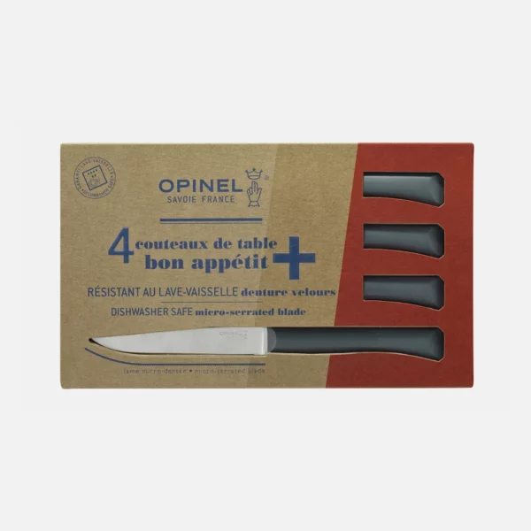 Coffret 4 couteaux de table Opinel Bon Appétit + Anthracite avec lame micro-dentée en acier inoxydable et manches gris anthracite en plastique recyclé.