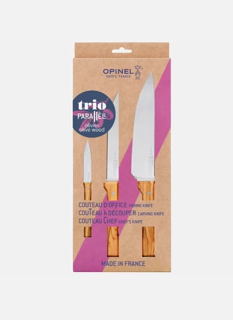 Coffret Trio Parallèle Olivier Opinel avec 3 couteaux de cuisine – lames acier inoxydable et manches en bois d’olivier d’Italie au veinage chaleureux.