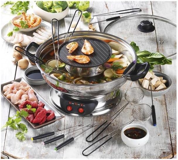 Appareil à fondue asiatique Kitchen Chef inox 1950 W avec paniers et fourchettes, idéal pour fondue chinoise et hot pot convivial.