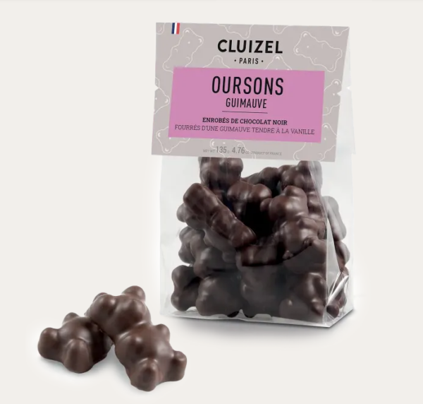 Sachet d’oursons en guimauve parfumée à la vanille Bourbon, enrobés de chocolat noir intense – Cluizel.