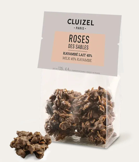 Sachet de Roses des Sables au chocolat au lait Kayambé 45% Cluizel – pétales de maïs croustillants enrobés de chocolat.