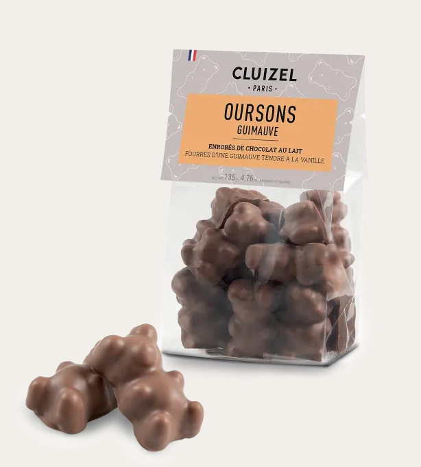 Sachet Oursons Guimauve Lait – CLUIZEL 145918 Sachet Oursons Guimauve Lait Cluizel – oursons guimauve vanillée enrobés de chocolat au lait.