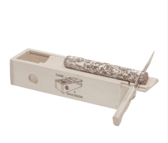 Cage à saucisson en bois naturel avec couteau intégré – conservation et découpe de saucisson.