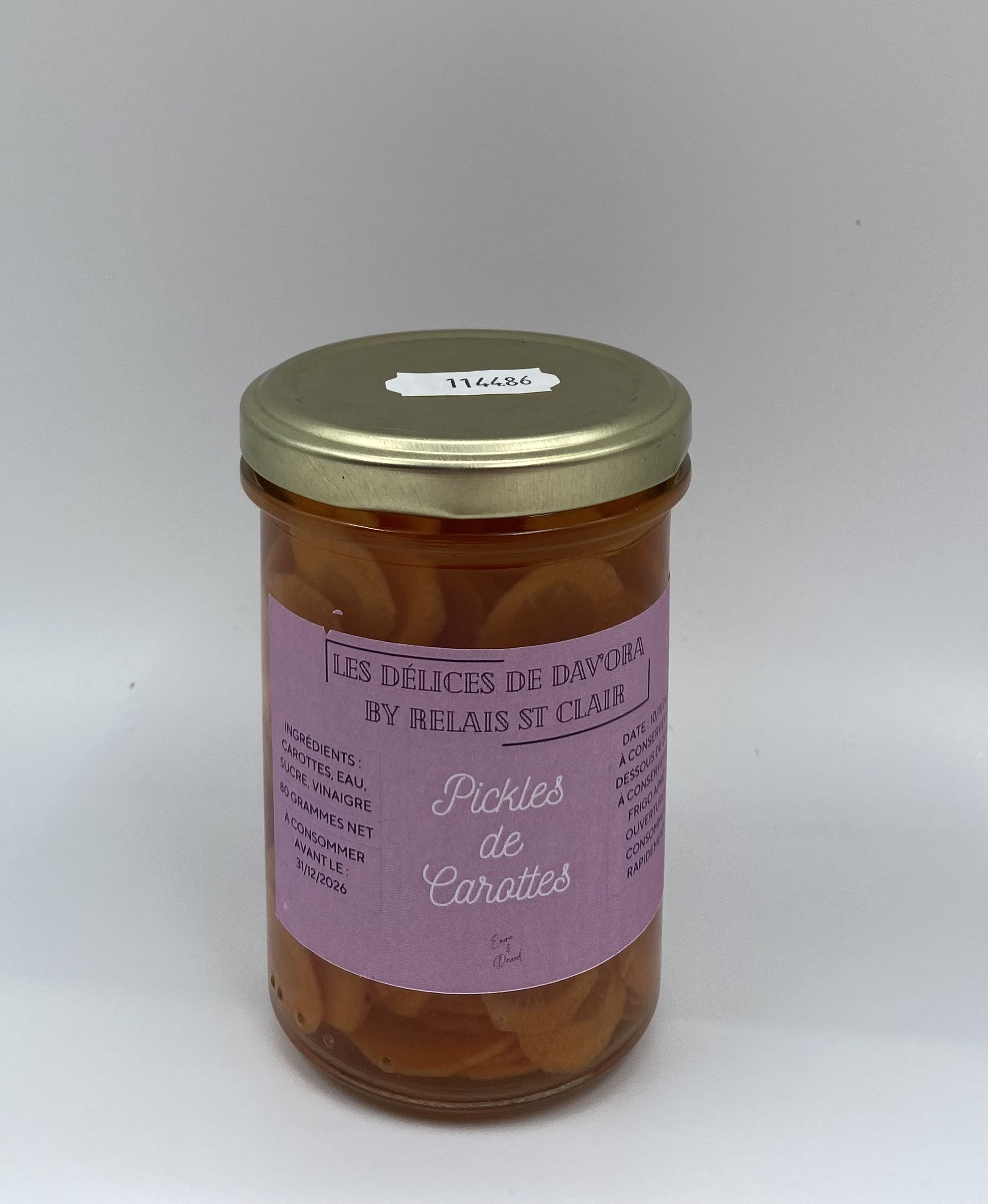 Pickles de carottes artisanaux Les Délices de Dav’Ora – pot de 80 g, condiment croquant et acidulé fabriqué au Relais St Clair à Guenrouet