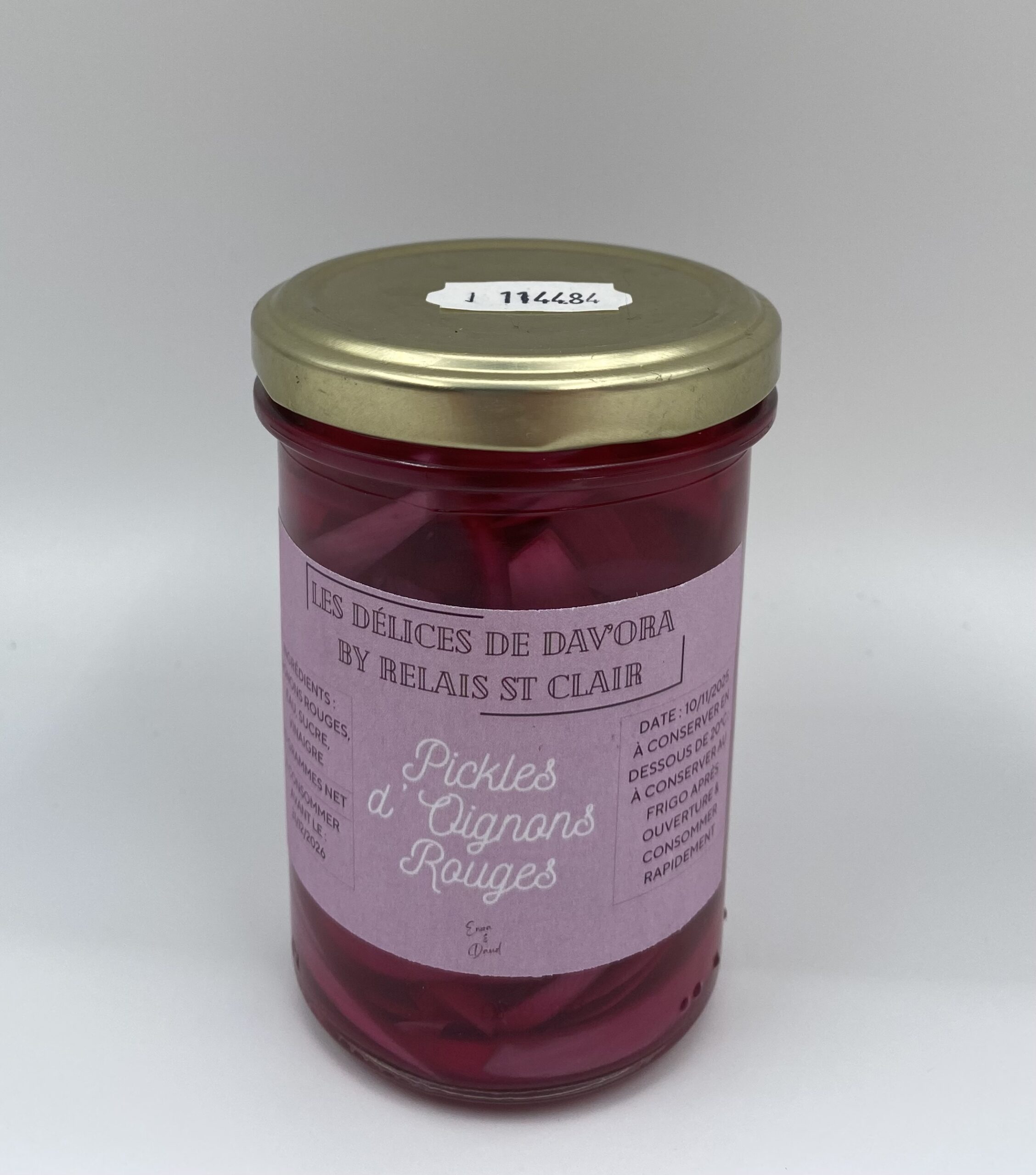 Pickles d’oignons rouges artisanaux Les Délices de Dav’Ora – pot de 80 g, condiment doux-acidulé fabriqué au Relais St Clair à Guenrouet