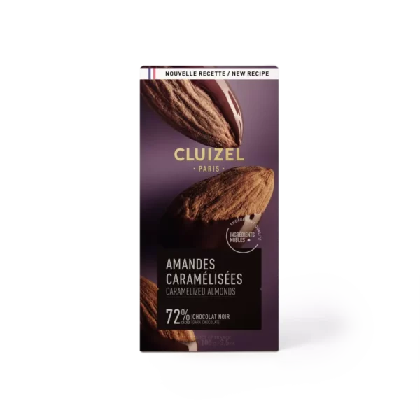 Tablette Cluizel Chocolat Noir 72 % Amandes Caramélisées 100 g — chocolat gourmand, éclats d’amandes, packaging Cluizel