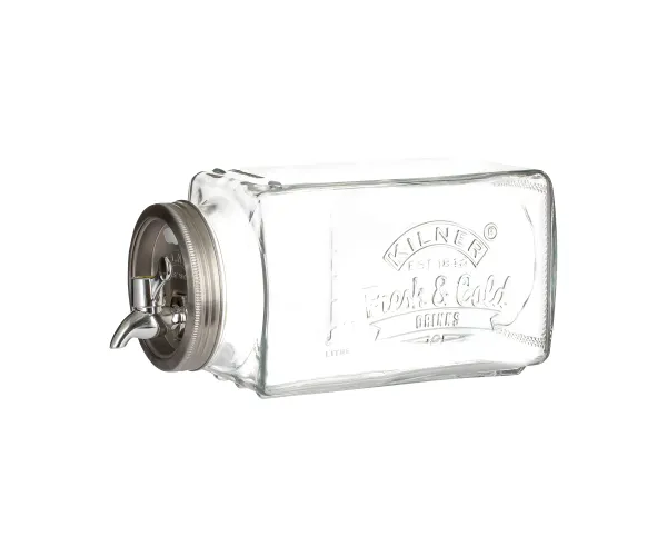 Distributeur de boissons en verre Kilner 3 L avec robinet et échelle graduée, parfait pour eaux, jus et infusions froides dans le réfrigérateur.