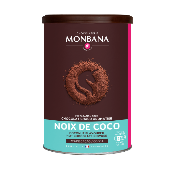Chocolat en poudre Monbana aromatisé à la noix de coco pour boisson chaude