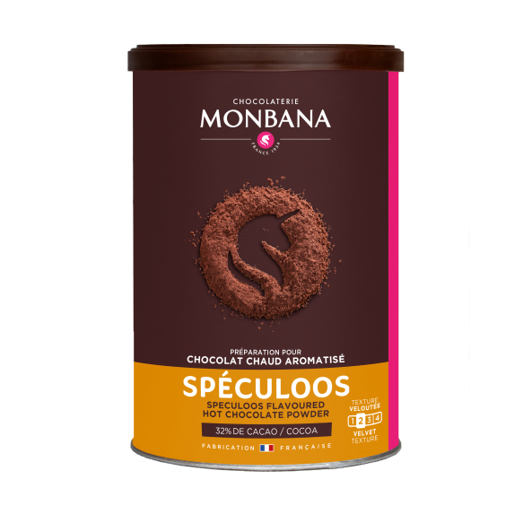 Chocolat en poudre Monbana saveur speculoos pour boisson chaude gourmande