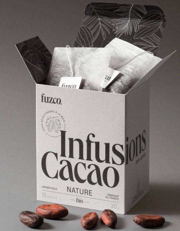 Infusions Cacao Nature Fuzco – Boîte de 15 sachets bio d’infusion cacao naturel, saveur pure de cacao.