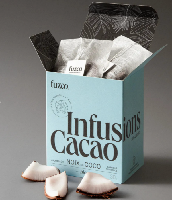 Infusions Cacao Noix de Coco Fuzco – boîte de 15 sachets bio pour une infusion gourmande au cacao et noix de coco.