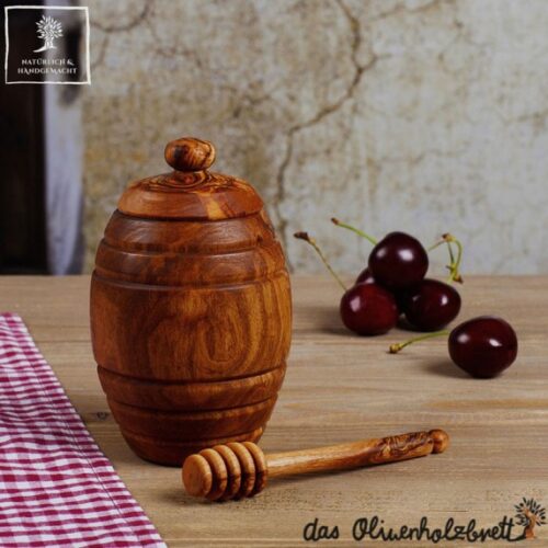 Pot artisanal en bois d’olivier avec cuillère assortie pour miel – accessoire naturel de service.