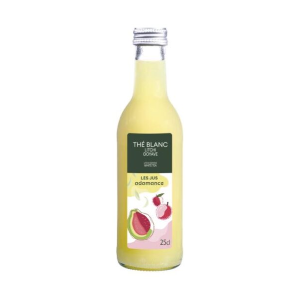 Pack de 12 bouteilles de Thé blanc Litchi Goyave 25 cl – boisson glacée fruitée exotique en bouteille en verre.
